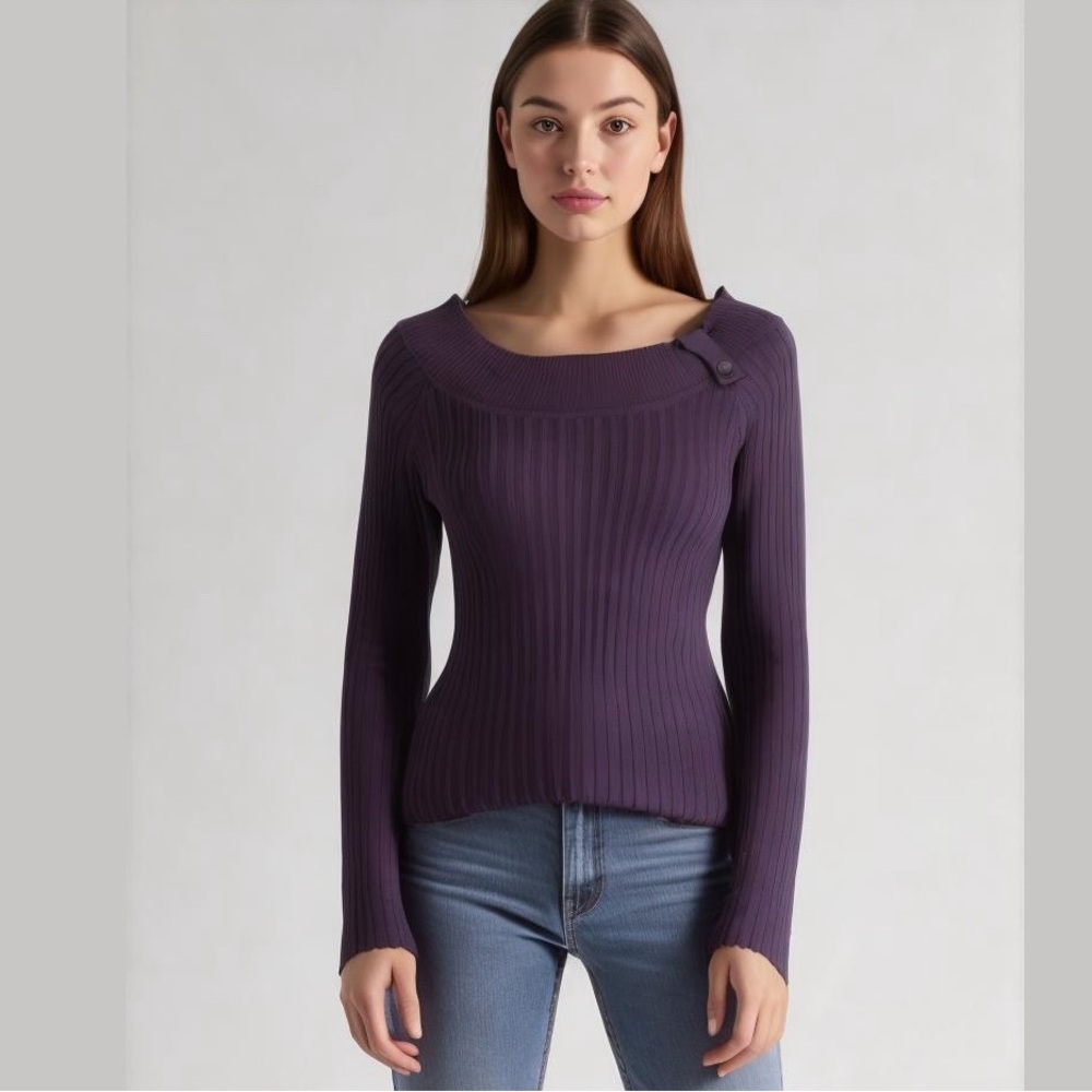 Hooked Up Purple Long Sleeved Ribbed Wide Neck Sweater Size S